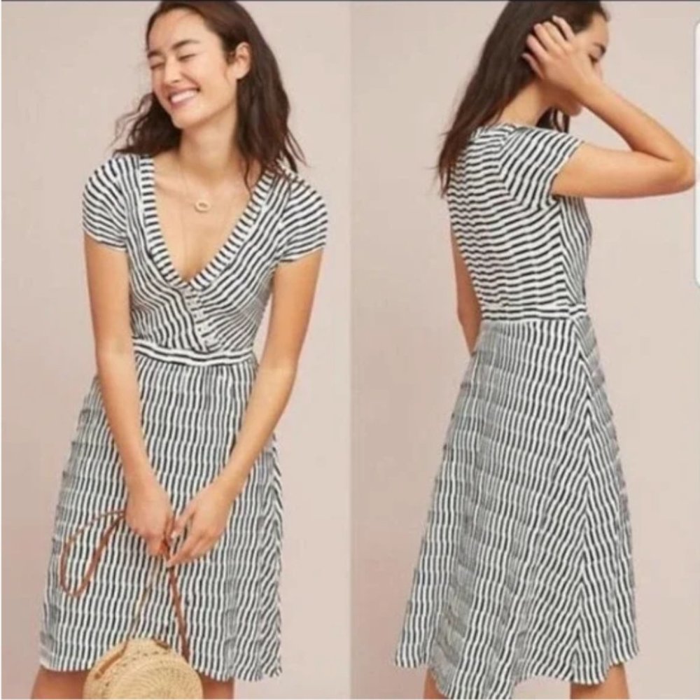 Anthropologie Maeve Paladino Black & White Stripe Faux-wrap Dress Size M